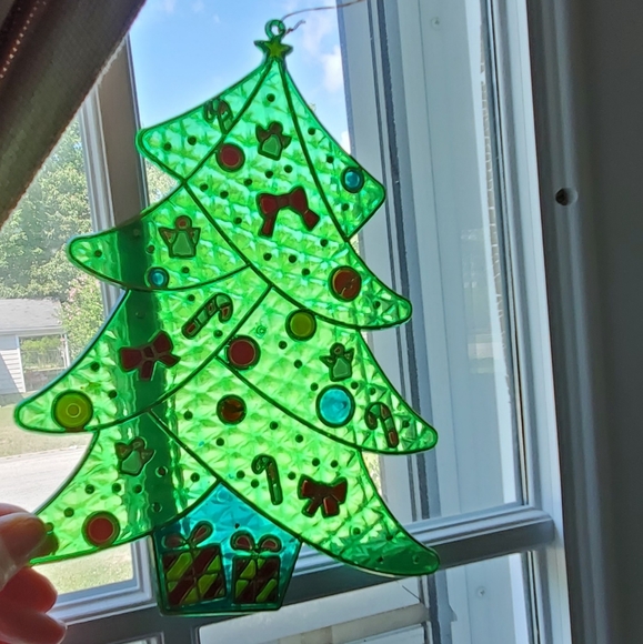 VTG Stained Glass Decor Christmas Tree Plastic Hanging Angels Candy Canes Gifts - Picture 1 of 15